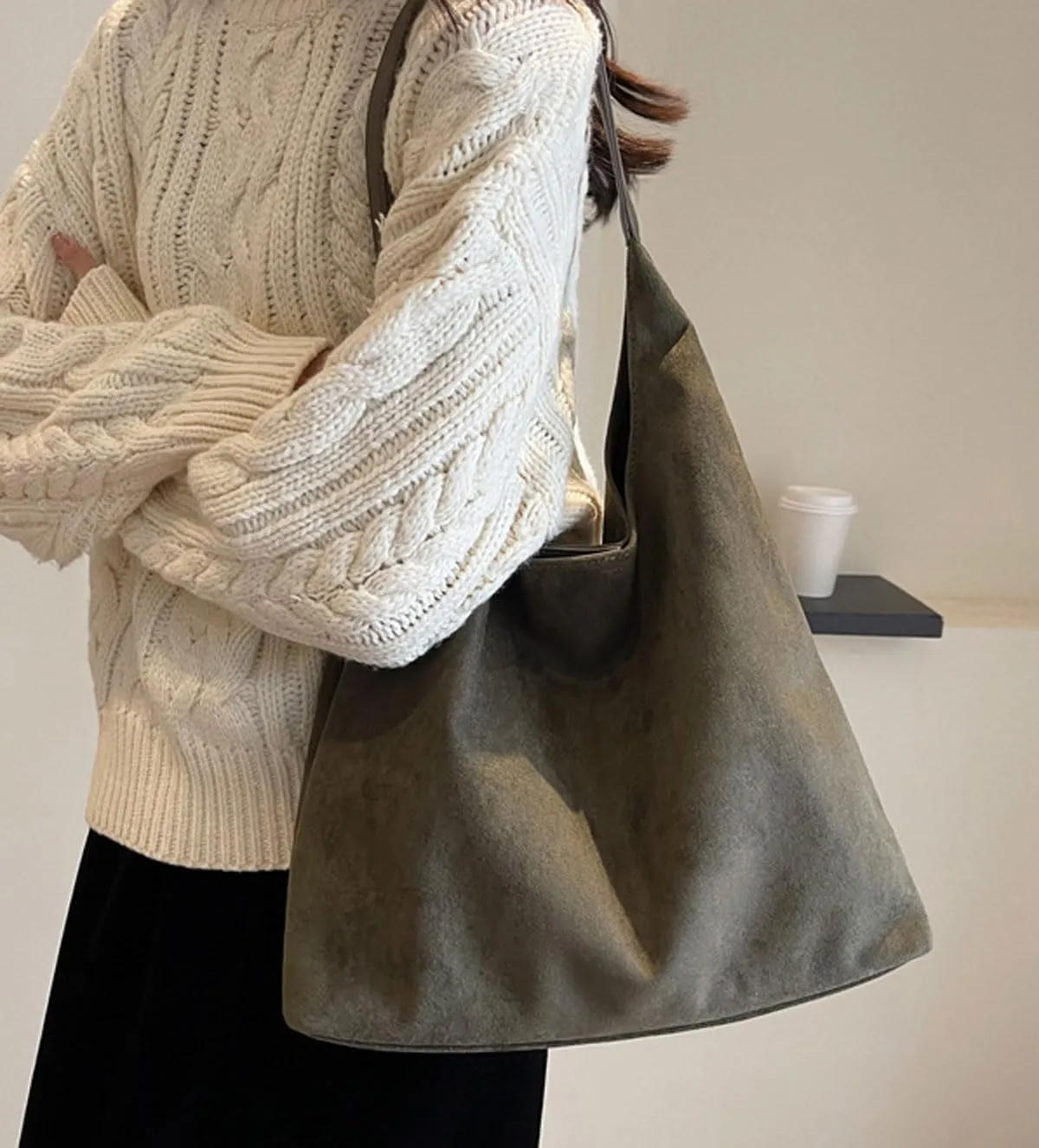 Retro Slouchy Suede Tote Bags for Women Top Handle Large Hobo Bag Fall Winter Shoulder Handbags, Army