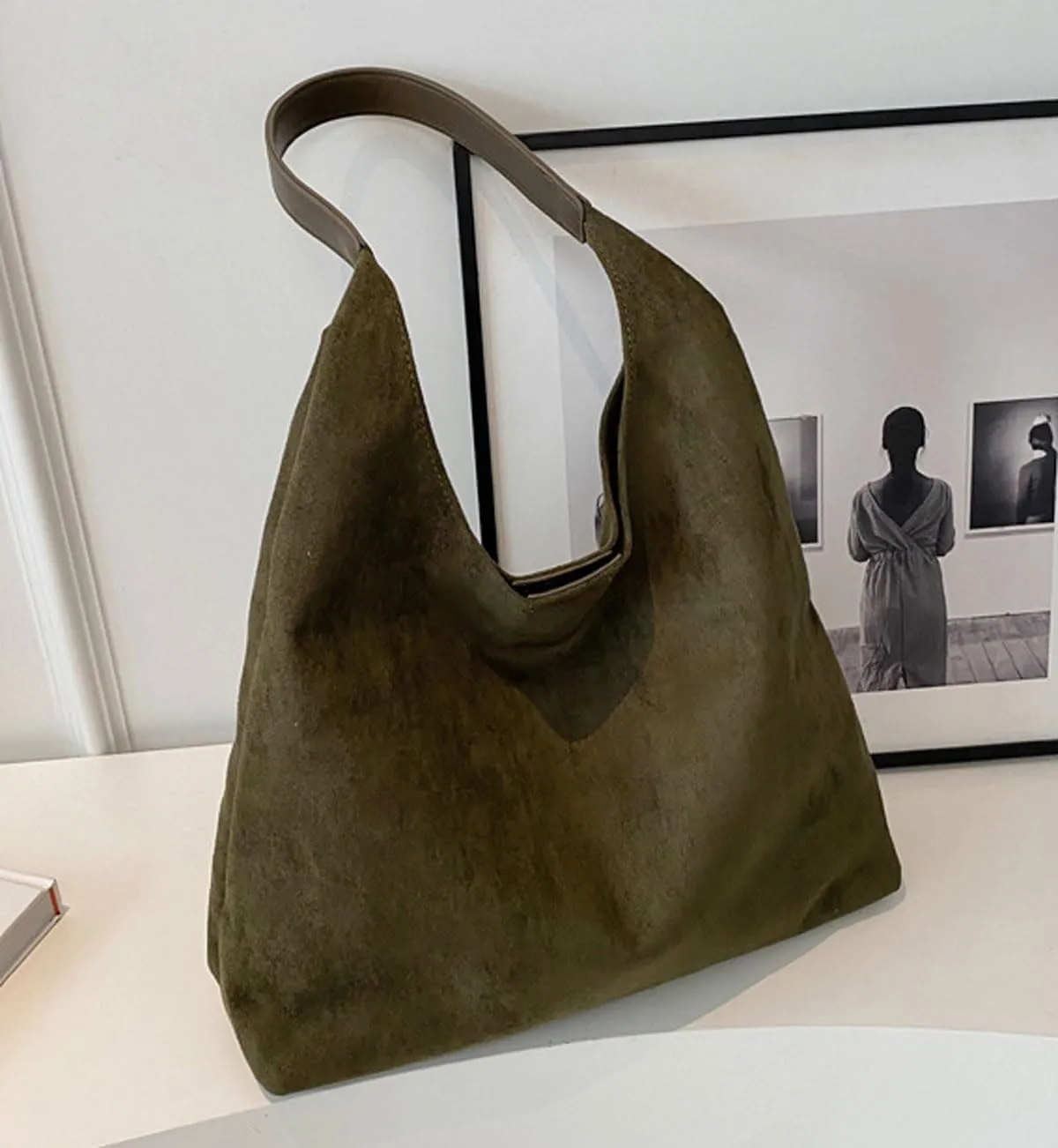 Retro Slouchy Suede Tote Bags for Women Top Handle Large Hobo Bag Fall Winter Shoulder Handbags, Army