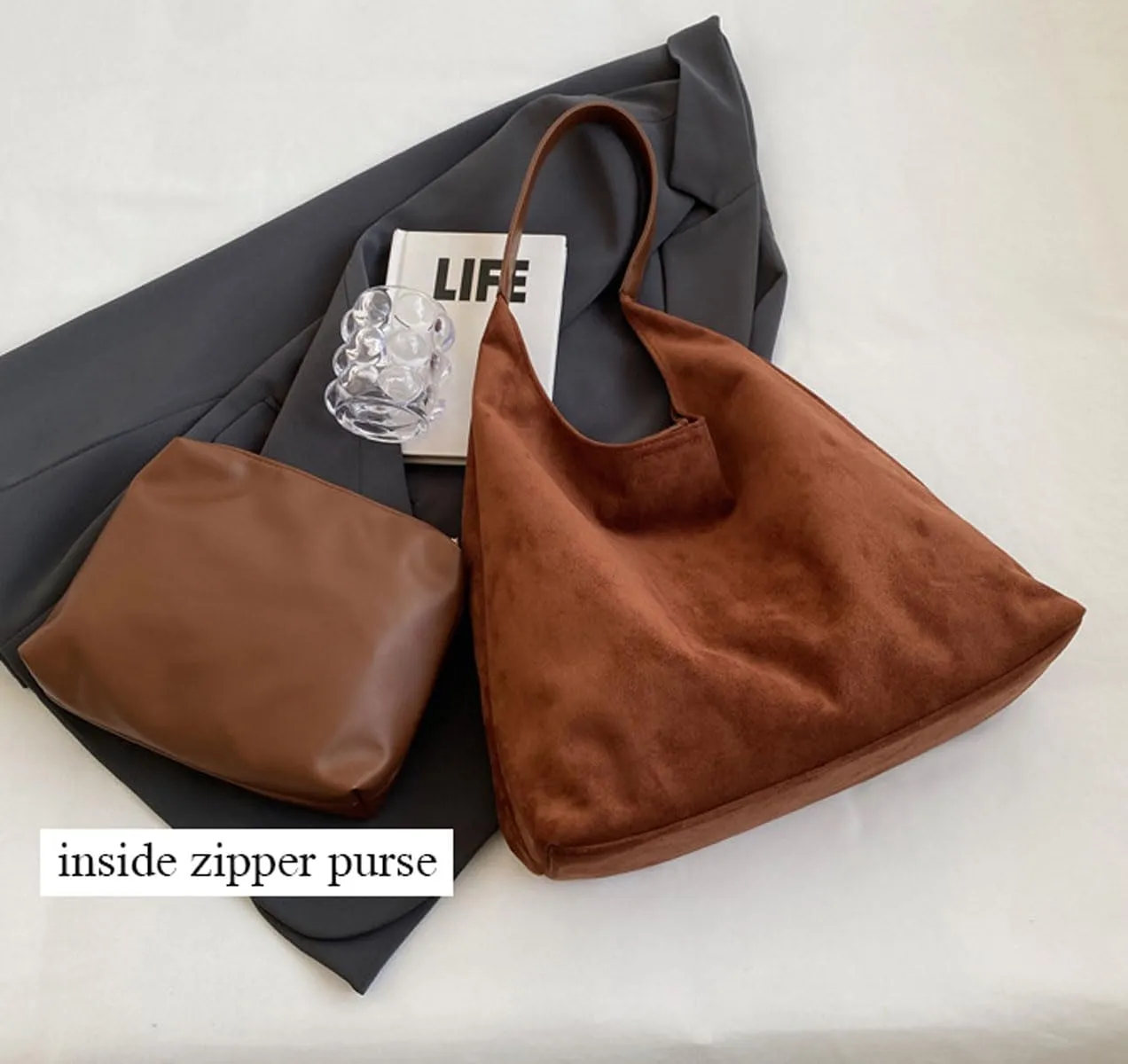 Retro Slouchy Suede Tote Bags for Women Top Handle Large Hobo Bag Fall Winter Shoulder Handbags, Caramel