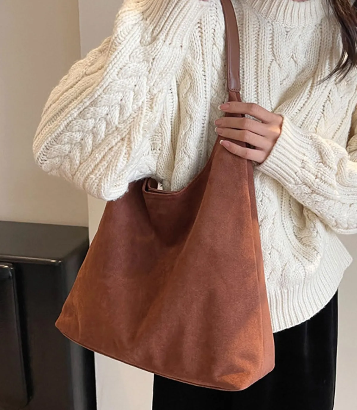 Retro Slouchy Suede Tote Bags for Women Top Handle Large Hobo Bag Fall Winter Shoulder Handbags, Caramel
