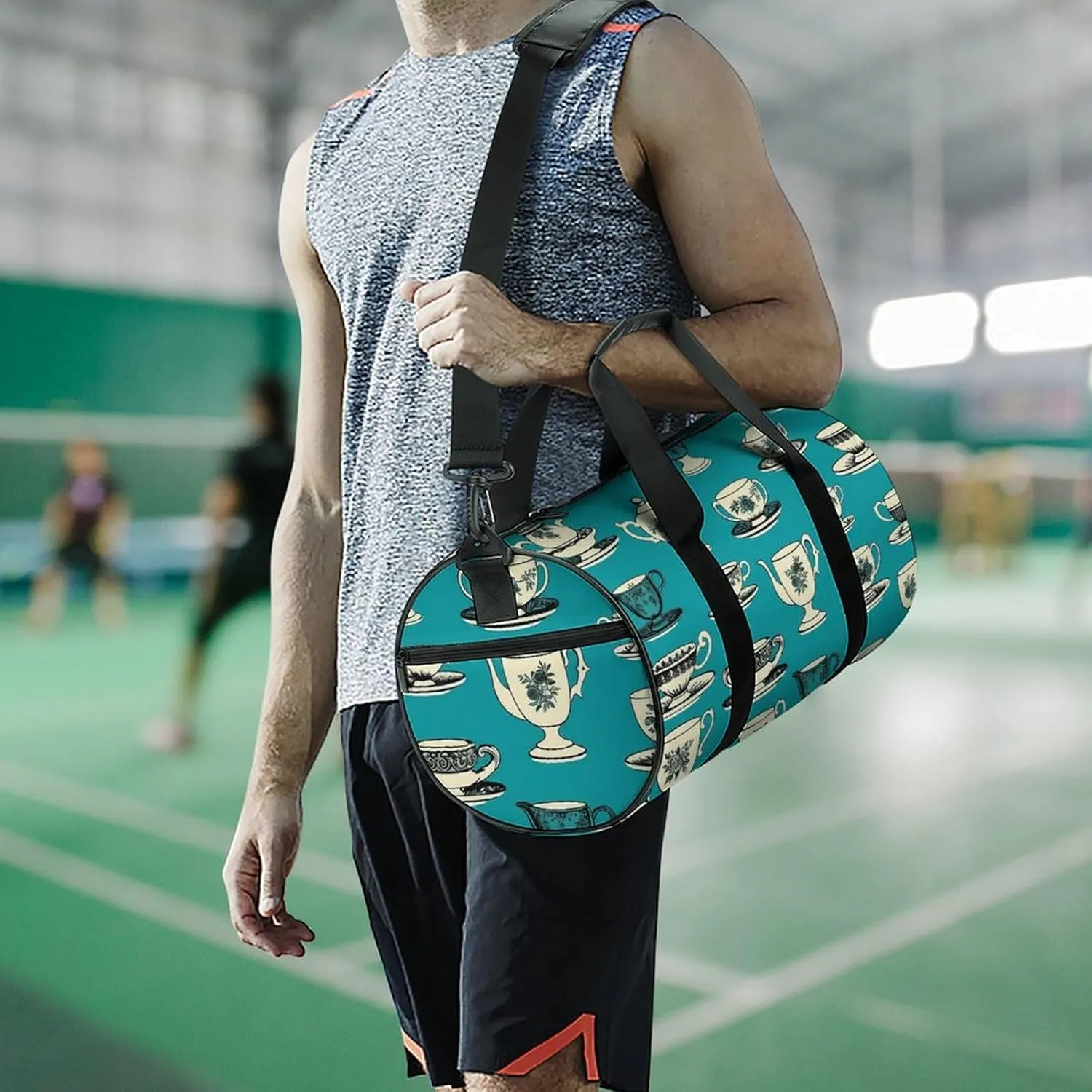Retro Tea Cup Gym Bag Small Travel Duffle Bag with Compartment Carry On Weekender Bag for Women Men