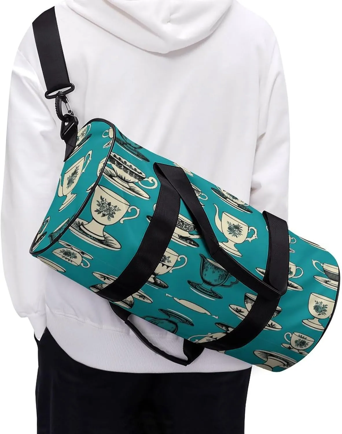 Retro Tea Cup Gym Bag Small Travel Duffle Bag with Compartment Carry On Weekender Bag for Women Men