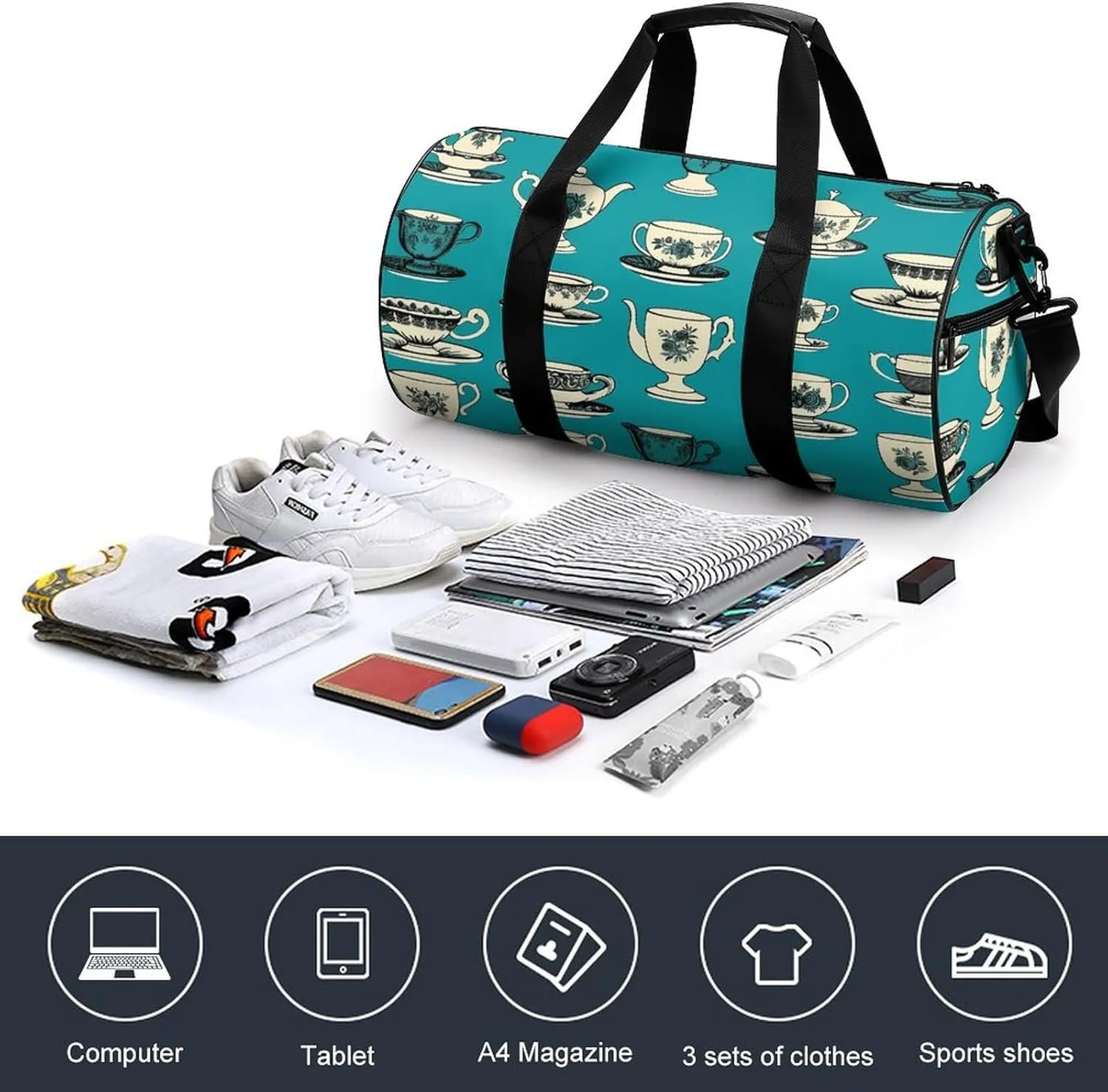 Retro Tea Cup Gym Bag Small Travel Duffle Bag with Compartment Carry On Weekender Bag for Women Men