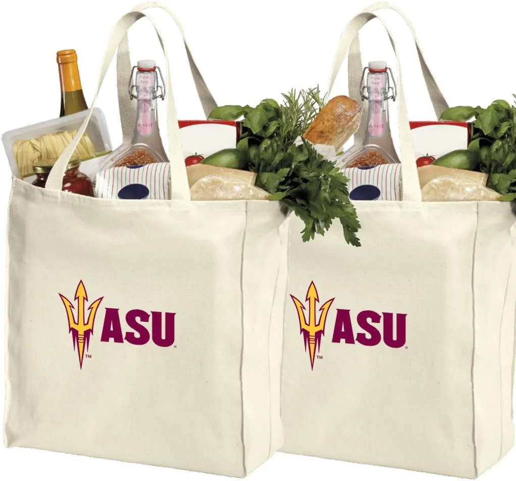 Reusable Arizona State University Shopping Bags or ASU Grocery Bag 2Pc SET NATURAL COTTON