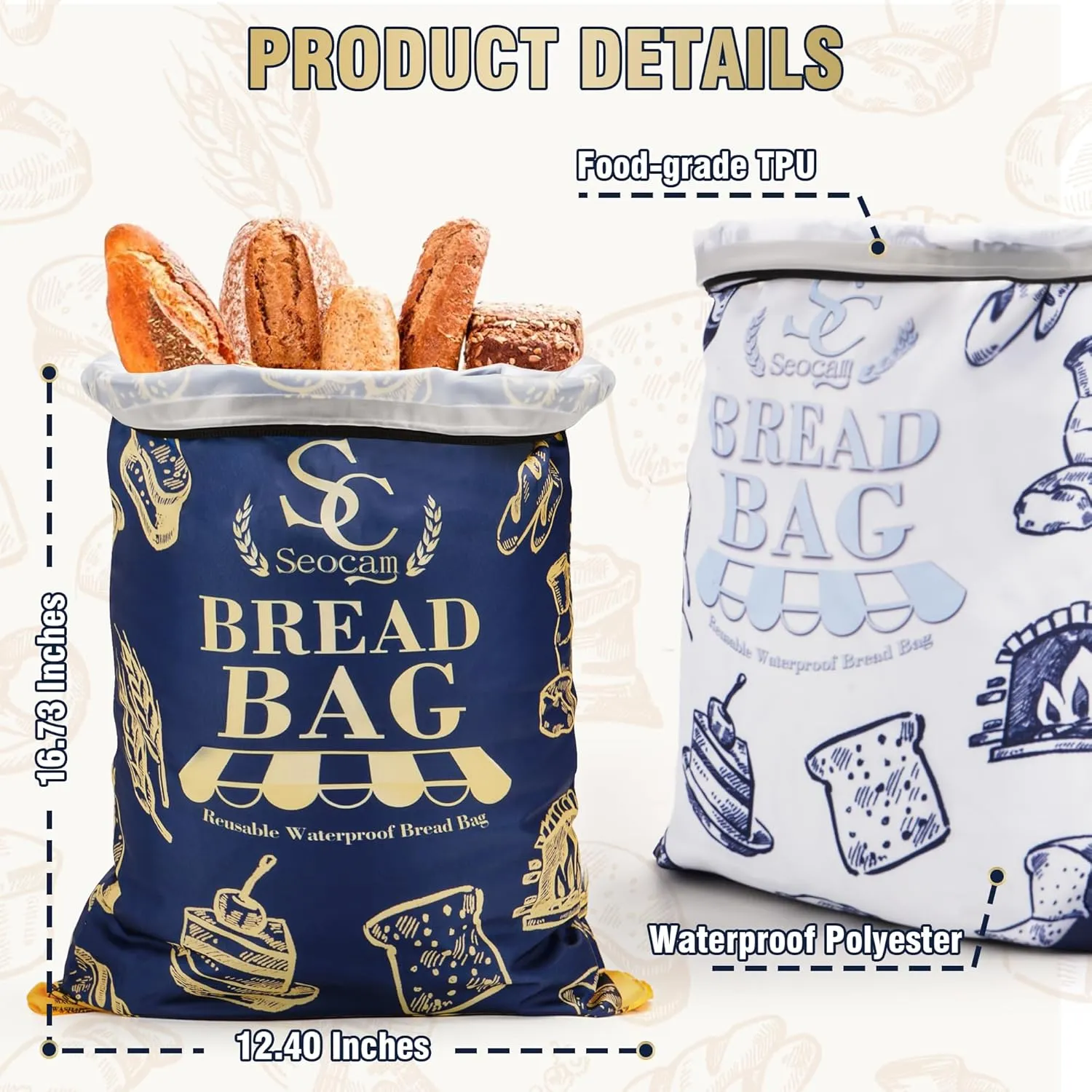 Reusable Bread Bags for Homemade Sourdough, Food Grade TPU Bags to Preserve Flavor and Keep Fresh, 2 Pack