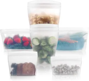 Reusable food container silicone bag, Full Set 6, 2 Cups, 2 Dishes, 2 Bags Zip Containers Storage, 100% Silicone Reusable Food Bag, Stand Up Preservation Bag, Rounded interior for easy cleaning.