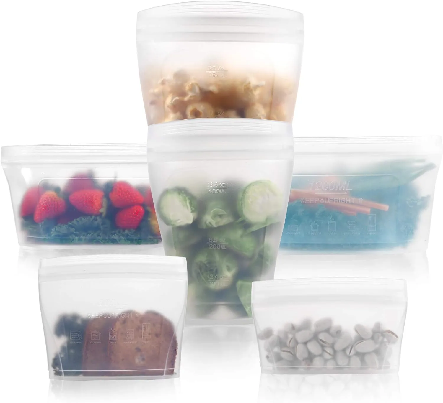 Reusable food container silicone bag, Full Set 6, 2 Cups, 2 Dishes, 2 Bags Zip Containers Storage, 100% Silicone Reusable Food Bag, Stand Up Preservation Bag, Rounded interior for easy cleaning.