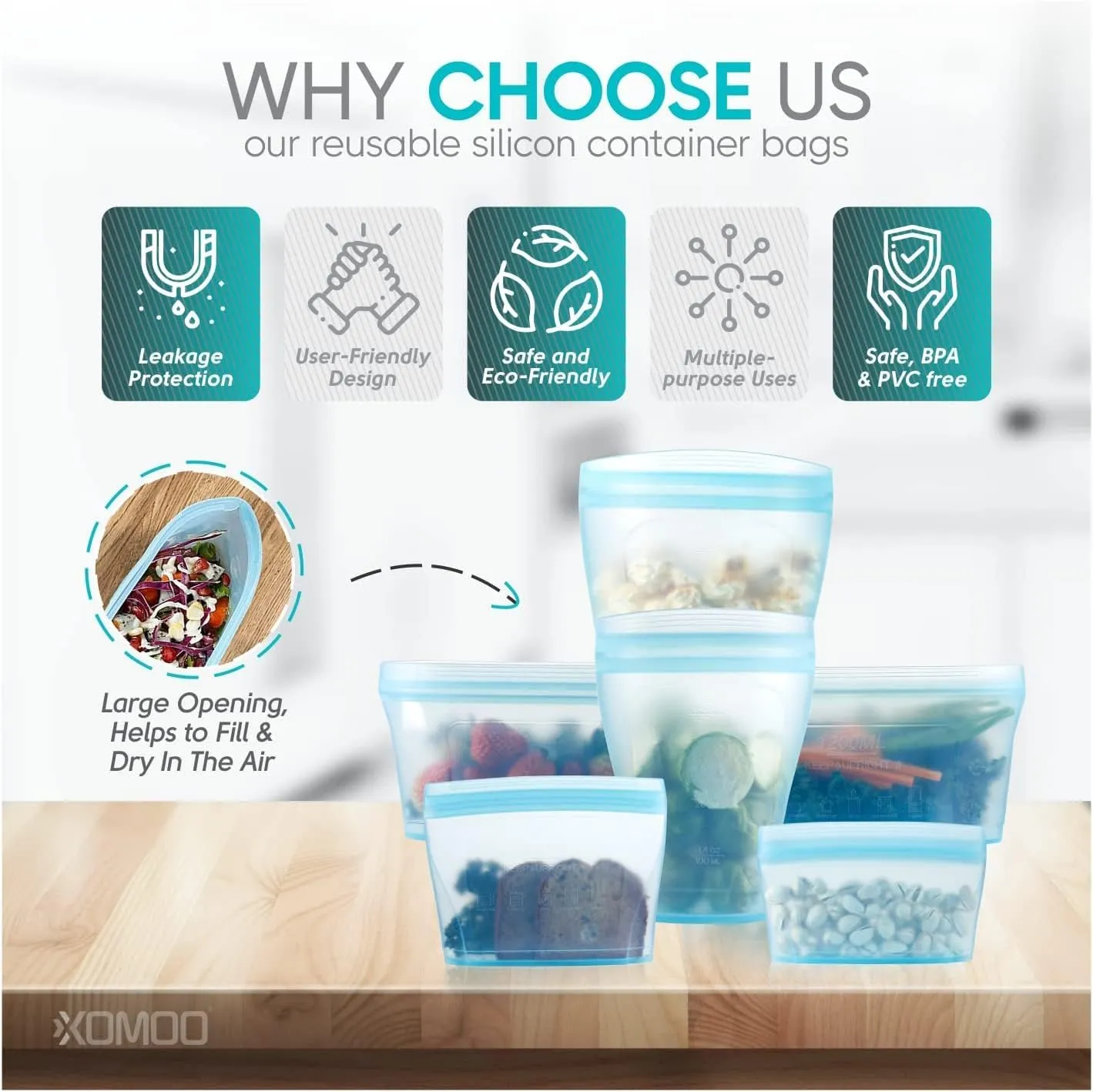 Reusable food container silicone bag, Upgrade second generation 6 Pcs Containers Storage, 100% Silicone Reusable Food Bag, Stand Up Preservation Bag, Rounded interior for easy cleaning.