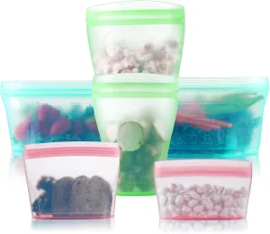 Reusable food container silicone bag, Upgrade second generation 6 Pcs Containers Storage, 100% Silicone Reusable Food Bag, Stand Up Preservation Bag, Rounded interior for easy cleaning.