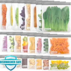 Reusable Food Storage Bags - 24 Pack Freezer Bags, Reusable Bags Silicone, Extra Thick Leakproof Reusable Lunch Bag for Salad Fruit Meats Travel - 8 Gallon 8 Sandwich 8 Snack Bags