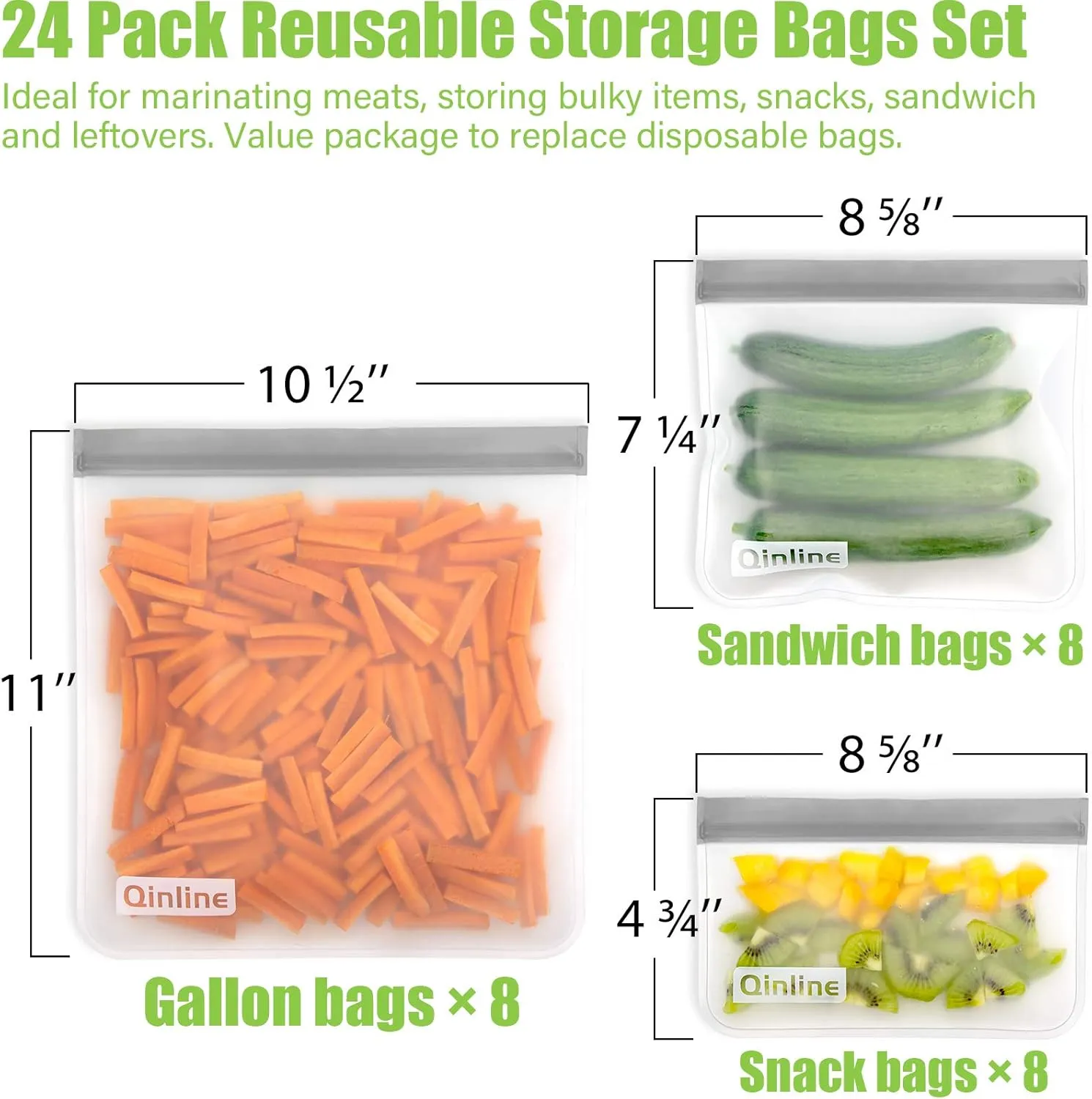 Reusable Food Storage Bags - 24 Pack Freezer Bags, Reusable Bags Silicone, Extra Thick Leakproof Reusable Lunch Bag for Salad Fruit Meats Travel - 8 Gallon 8 Sandwich 8 Snack Bags