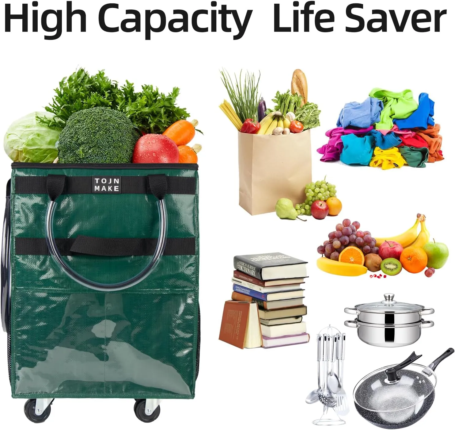 Reusable Grocery Bag On Wheels (Large, Green) Shopping Trolley with 8 Pockets and Zipper Cover Foldable Rolling Tote, Heavy Duty Handles, Carries Up to 66 LBS