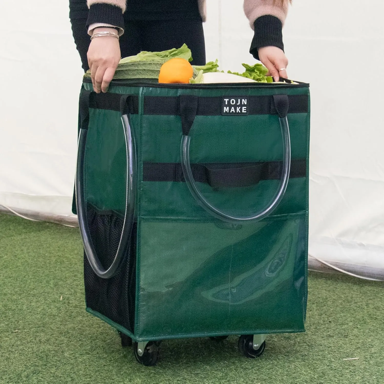Reusable Grocery Bag On Wheels (Large, Green) Shopping Trolley with 8 Pockets and Zipper Cover Foldable Rolling Tote, Heavy Duty Handles, Carries Up to 66 LBS