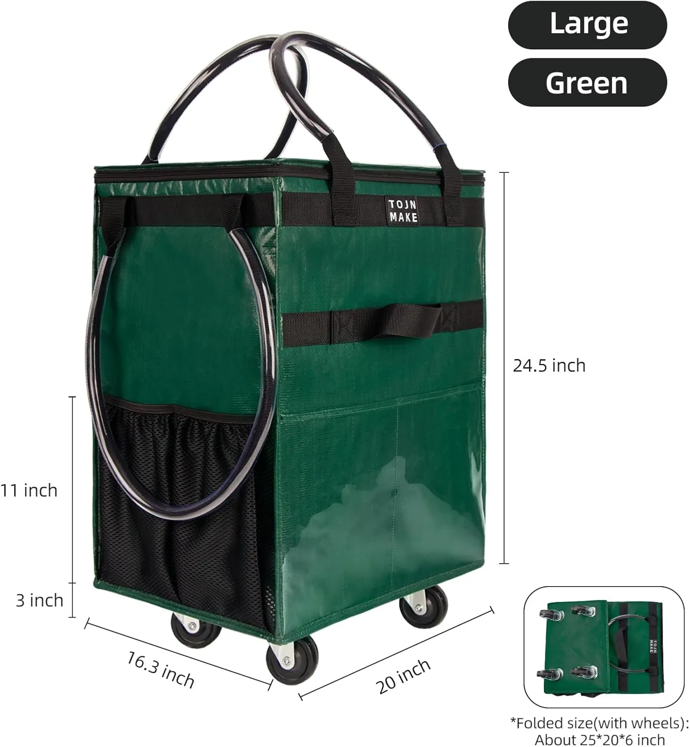 Reusable Grocery Bag On Wheels (Large, Green) Shopping Trolley with 8 Pockets and Zipper Cover Foldable Rolling Tote, Heavy Duty Handles, Carries Up to 66 LBS