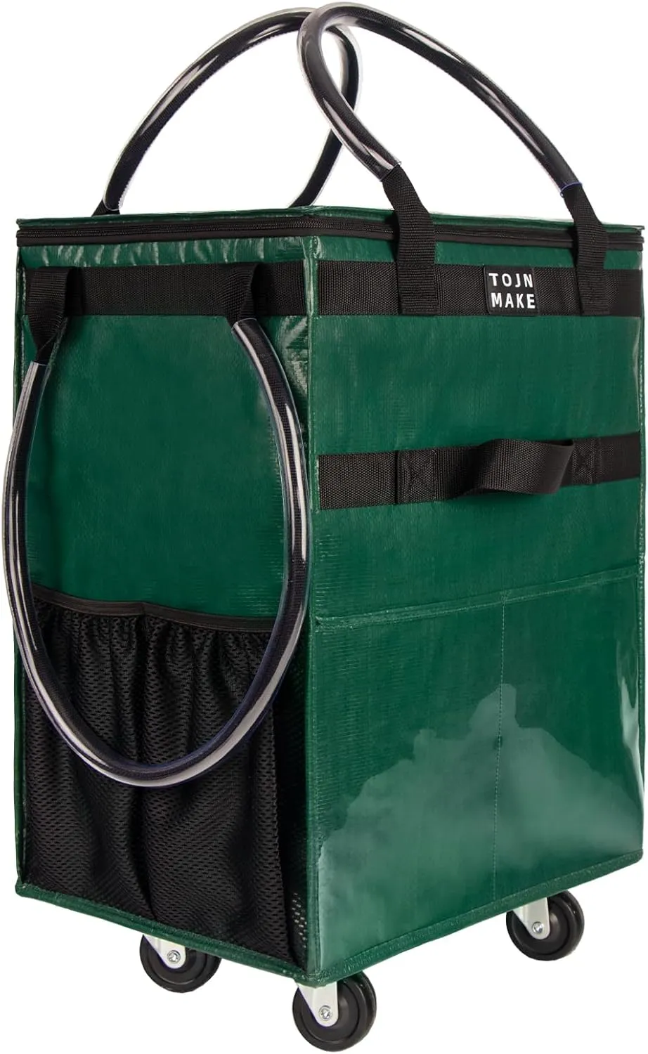 Reusable Grocery Bag On Wheels (Large, Green) Shopping Trolley with 8 Pockets and Zipper Cover Foldable Rolling Tote, Heavy Duty Handles, Carries Up to 66 LBS