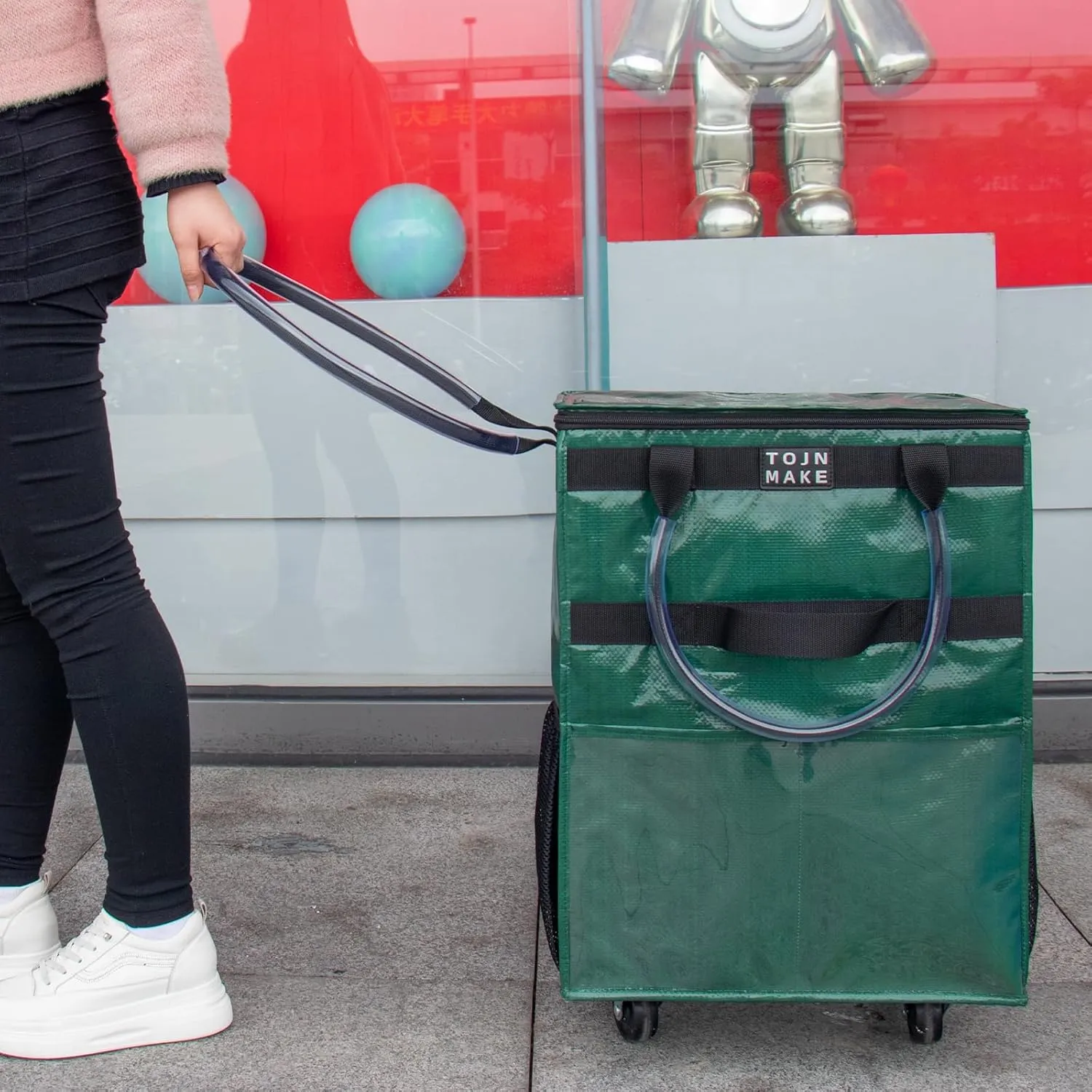 Reusable Grocery Bag On Wheels (Large, Green) Shopping Trolley with 8 Pockets and Zipper Cover Foldable Rolling Tote, Heavy Duty Handles, Carries Up to 66 LBS