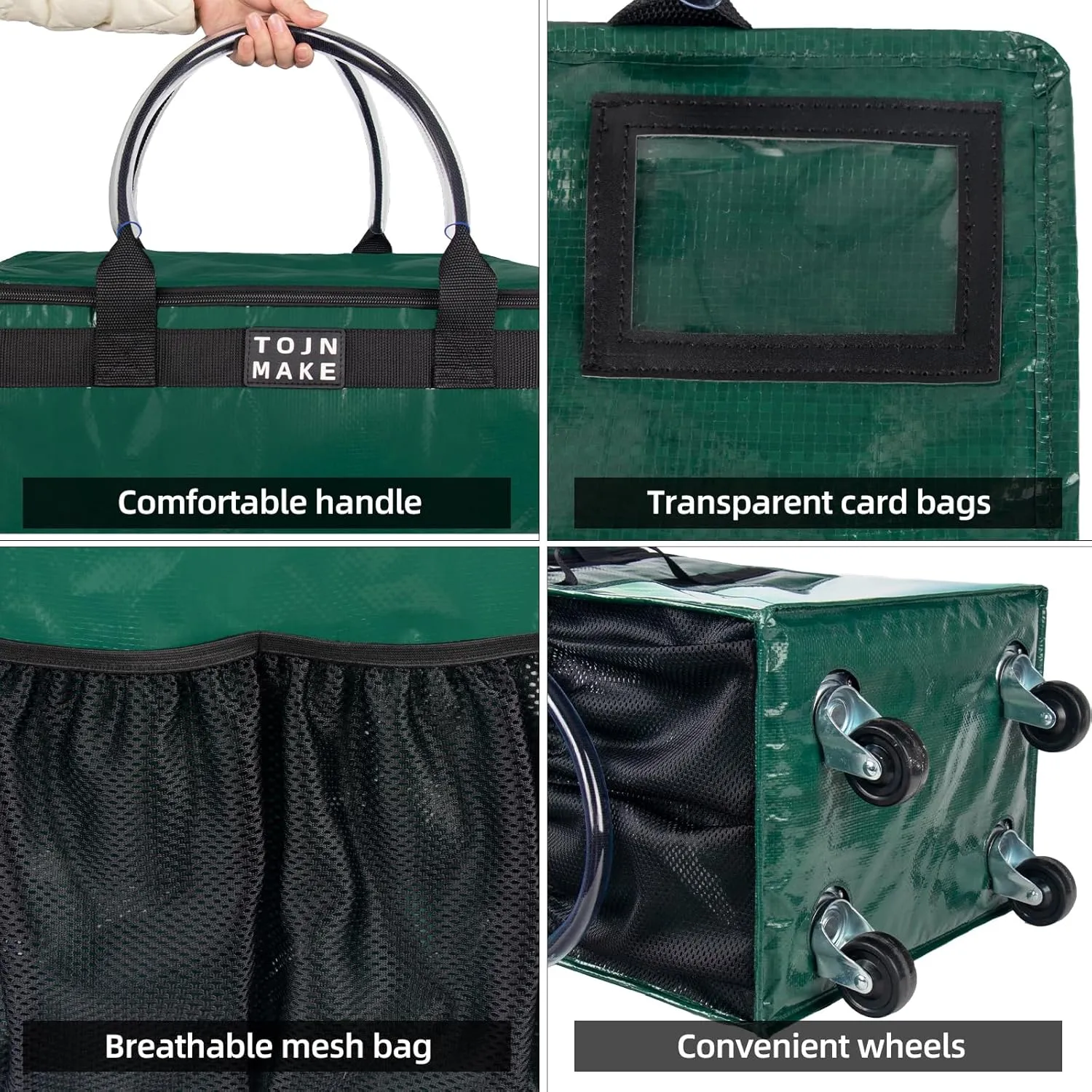 Reusable Grocery Bag On Wheels (Large, Green) Shopping Trolley with 8 Pockets and Zipper Cover Foldable Rolling Tote, Heavy Duty Handles, Carries Up to 66 LBS