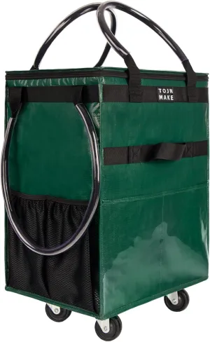 Reusable Grocery Bag On Wheels (Large, Green) Shopping Trolley with 8 Pockets and Zipper Cover Foldable Rolling Tote, Heavy Duty Handles, Carries Up to 66 LBS