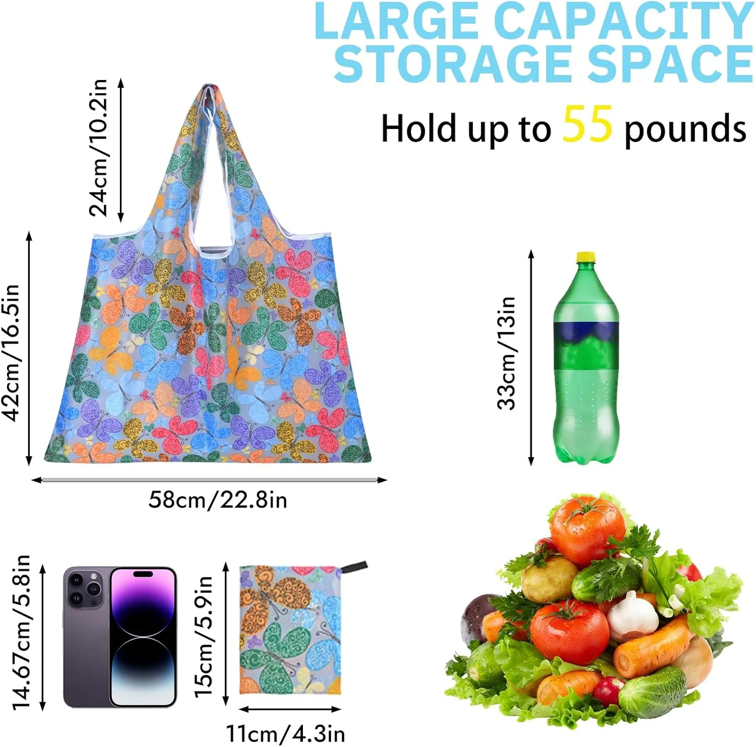 Reusable Grocery Bags For Shopping Packable Large Tote Bag Foldable Bulk Washable with Handles 2-4-6-8 Pack Groceries Bags