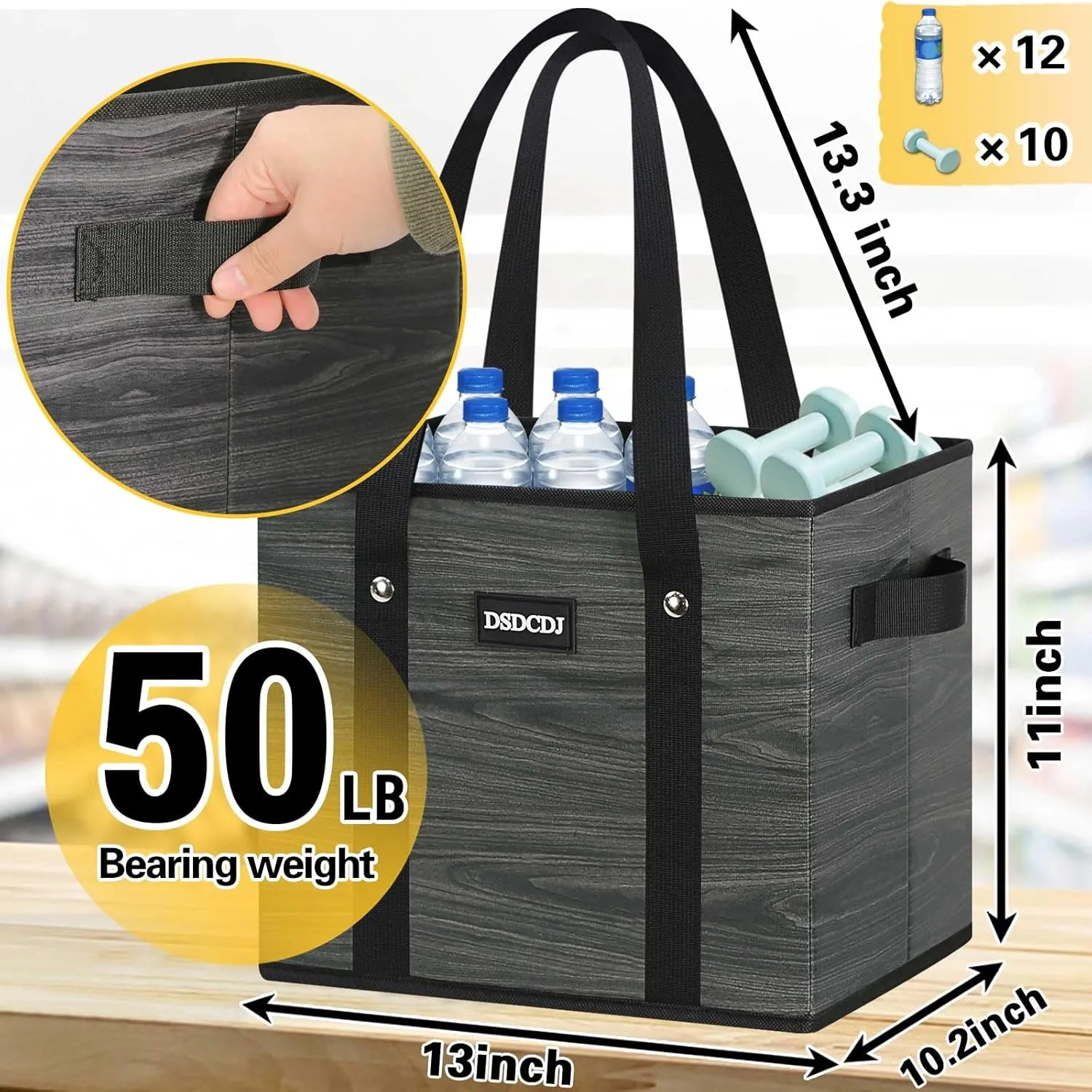 Reusable Grocery Bags - Heavy Duty Reusable Shopping Bags with Hard Bottom & Long Handles, Foldable Large Tote Bags with Box Shape to Stand Up - for Kitchen, Picnic, 3 Pack, Grey