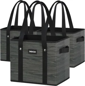 Reusable Grocery Bags - Heavy Duty Reusable Shopping Bags with Hard Bottom & Long Handles, Foldable Large Tote Bags with Box Shape to Stand Up - for Kitchen, Picnic, 3 Pack, Grey