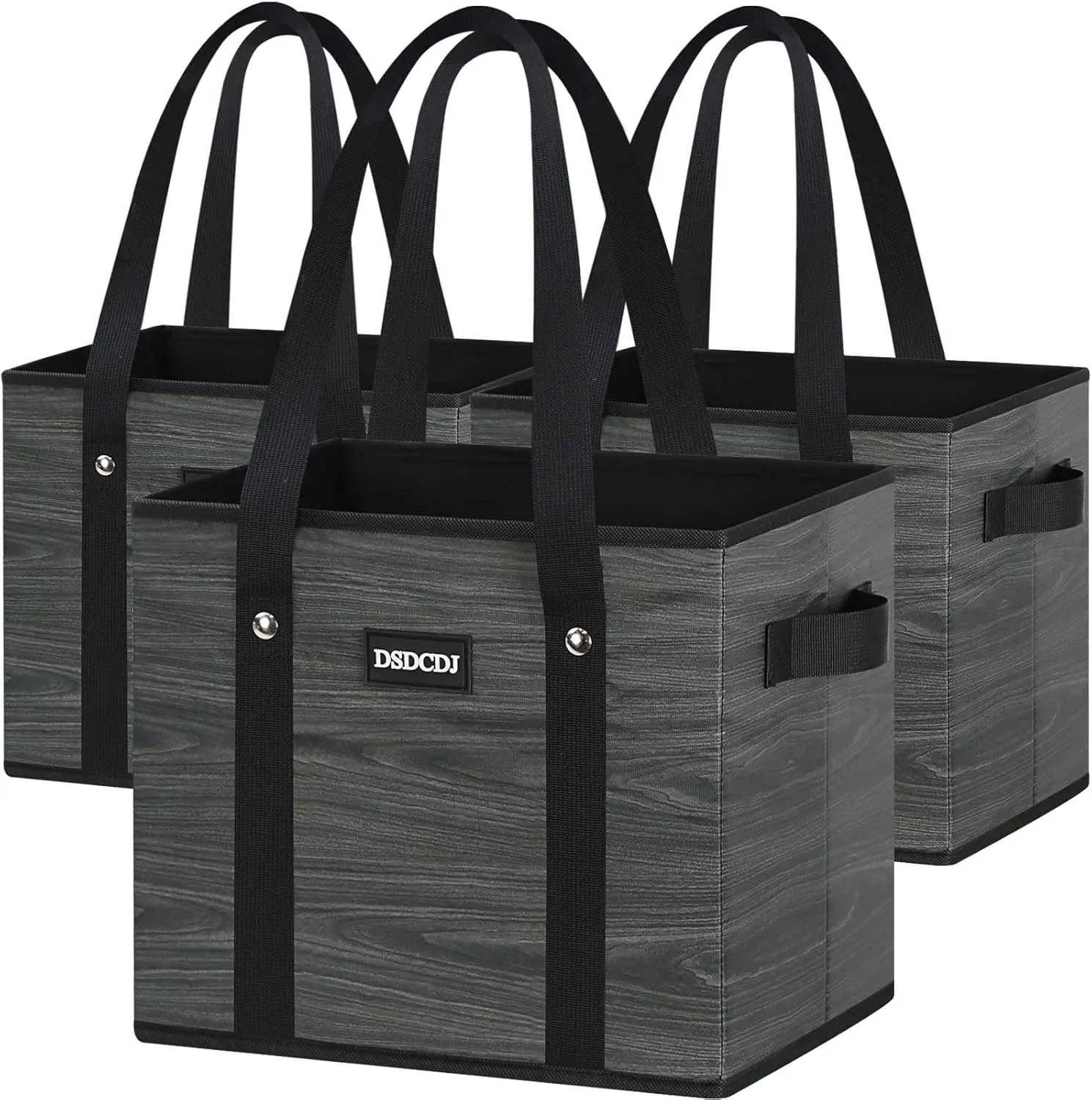 Reusable Grocery Bags - Heavy Duty Reusable Shopping Bags with Hard Bottom & Long Handles, Foldable Large Tote Bags with Box Shape to Stand Up - for Kitchen, Picnic, 3 Pack, Grey