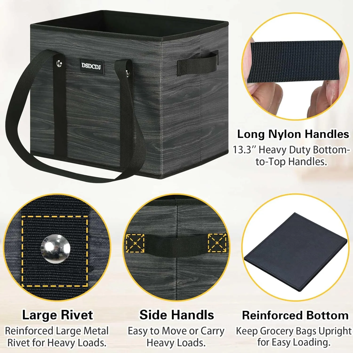 Reusable Grocery Bags - Heavy Duty Reusable Shopping Bags with Hard Bottom & Long Handles, Foldable Large Tote Bags with Box Shape to Stand Up - for Kitchen, Picnic, 3 Pack, Grey