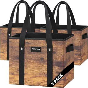 Reusable Grocery Bags - Heavy Duty Reusable Shopping Bags with Hard Bottom & Long Handles, Foldable Large Tote Bags with Box Shape to Stand Up - for Kitchen, Picnic, 3 Pack, Rustic Brown