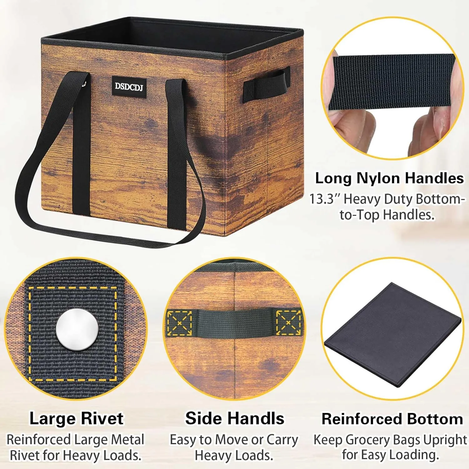 Reusable Grocery Bags - Heavy Duty Reusable Shopping Bags with Hard Bottom & Long Handles, Foldable Large Tote Bags with Box Shape to Stand Up - for Kitchen, Picnic, 3 Pack, Rustic Brown