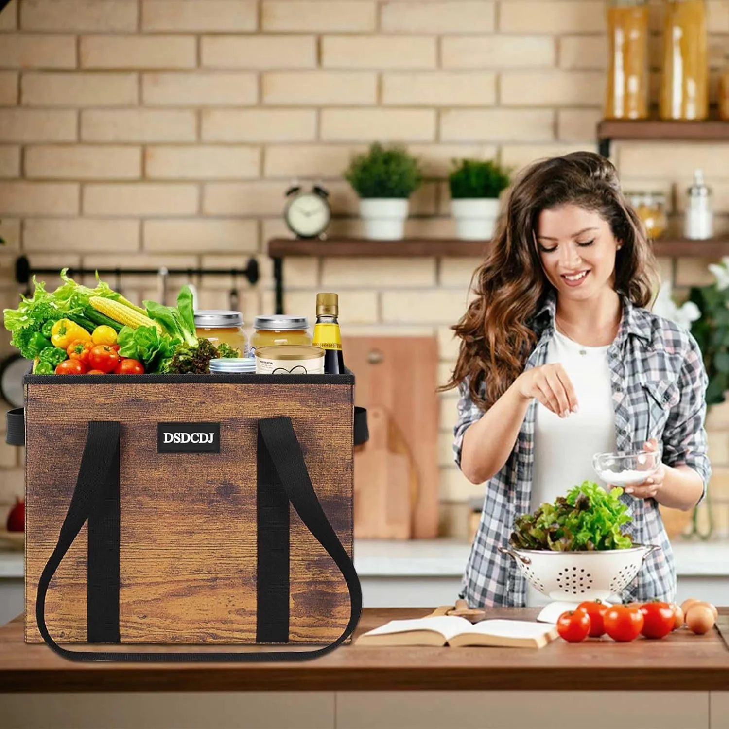 Reusable Grocery Bags - Heavy Duty Reusable Shopping Bags with Hard Bottom & Long Handles, Foldable Large Tote Bags with Box Shape to Stand Up - for Kitchen, Picnic, 3 Pack, Rustic Brown