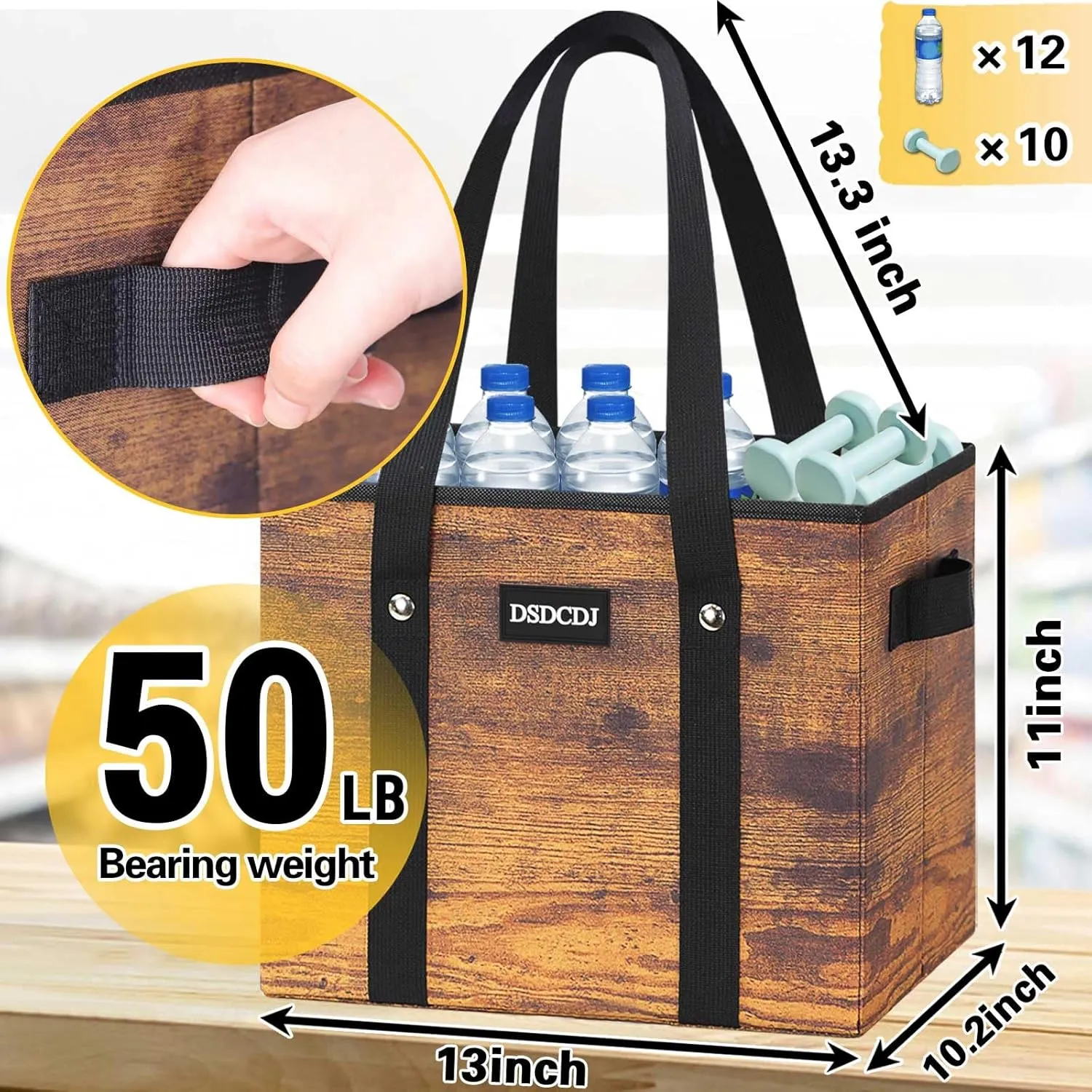 Reusable Grocery Bags - Heavy Duty Reusable Shopping Bags with Hard Bottom & Long Handles, Foldable Large Tote Bags with Box Shape to Stand Up - for Kitchen, Picnic, 3 Pack, Rustic Brown