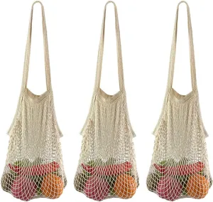 Reusable Grocery Bags - Long Handle Cotton Mesh Net Tote Bags for Fruits & Vegetables (Beige)