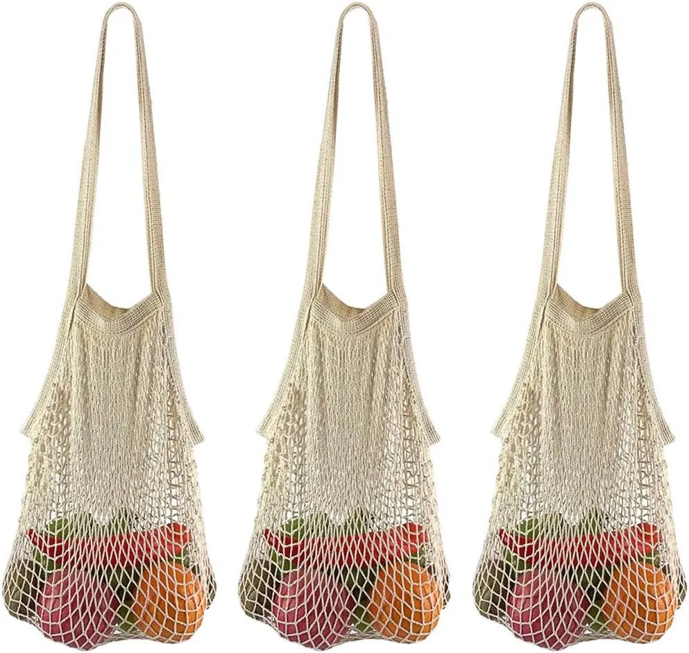 Reusable Grocery Bags - Long Handle Cotton Mesh Net Tote Bags for Fruits & Vegetables (Beige)