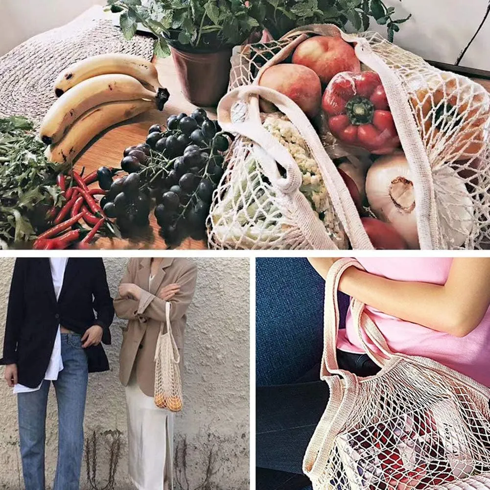 Reusable Grocery Bags - Long Handle Cotton Mesh Net Tote Bags for Fruits & Vegetables (Beige)