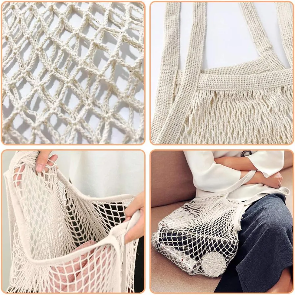 Reusable Grocery Bags - Long Handle Cotton Mesh Net Tote Bags for Fruits & Vegetables (Beige)