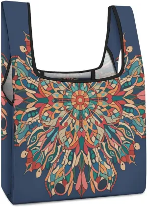 Reusable Grocery Bags Old Oriental Style Mosaic Composition with Inter-mandala Motifs Print Foldable Polyester Shopping Bag Washable Beach Tote Bags with Attached Pouch