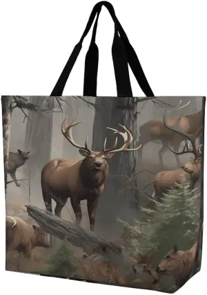 Reusable Grocery Bags,Hunting Deer Bear Elk Print Tote Bag,reusable Shopping Bags,unisex Portable Shoppers Bag for Work,Travel,Shopping