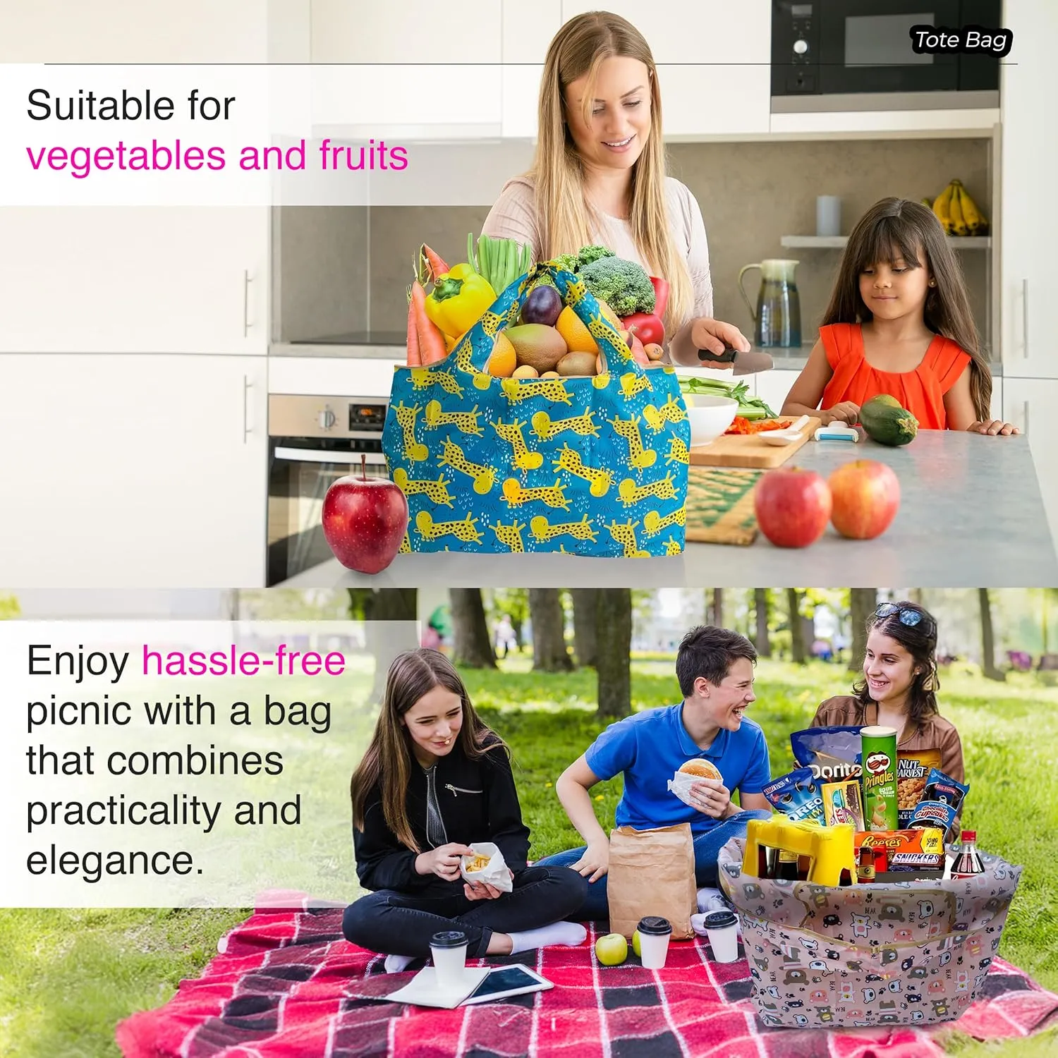 Reusable Grocery Shopping Bags with Handles – Foldable Tote Bags for Groceries