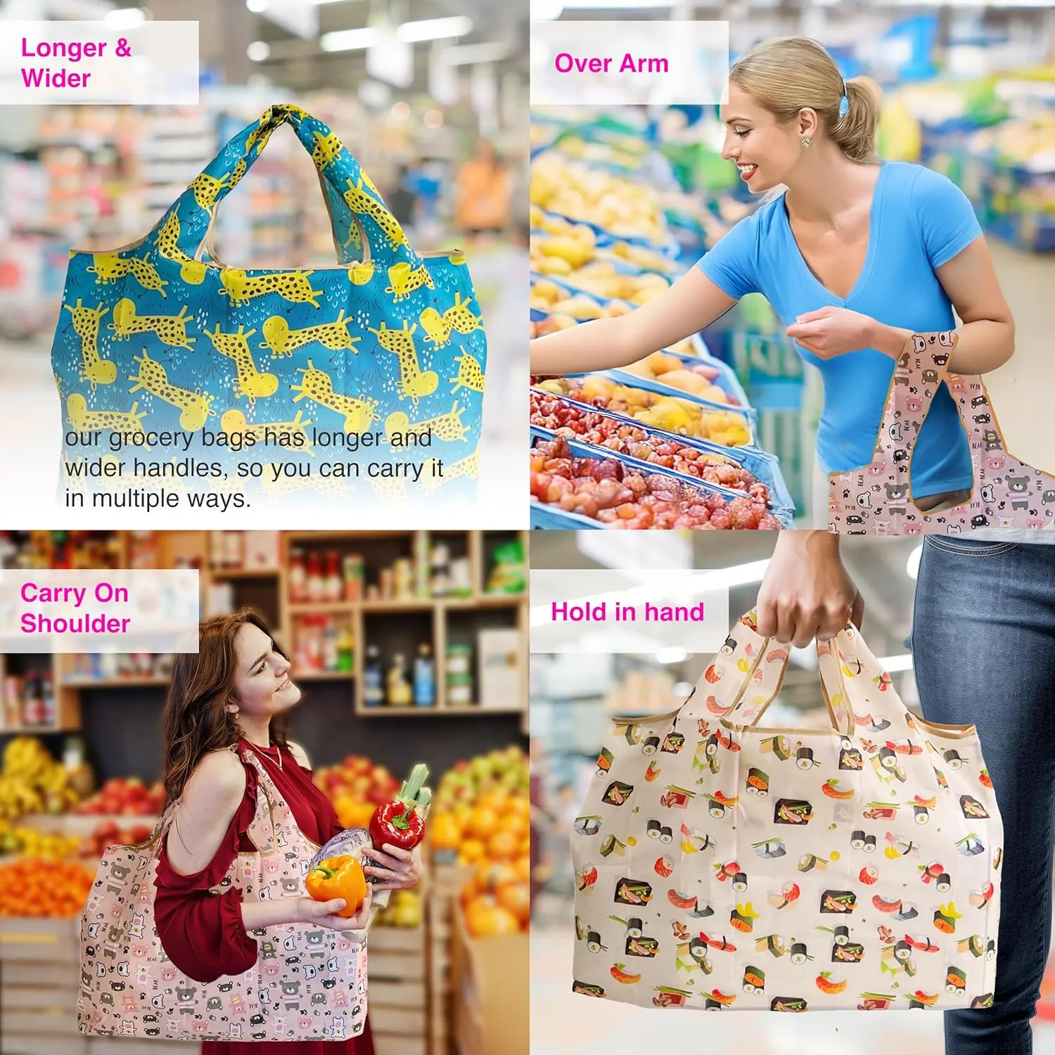 Reusable Grocery Shopping Bags with Handles – Foldable Tote Bags for Groceries
