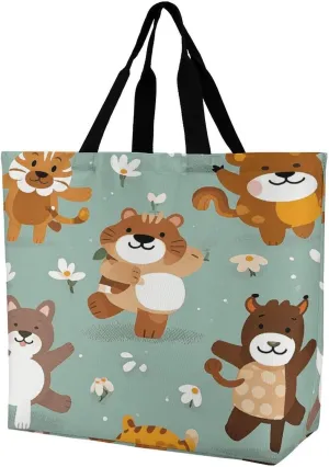 Reusable Grocery Shopping Cloth Bags Cartoon Animal Patterns Print Shoulder Tote Bag Fashionable Tote Handbag for Work Beach Travel Shopping