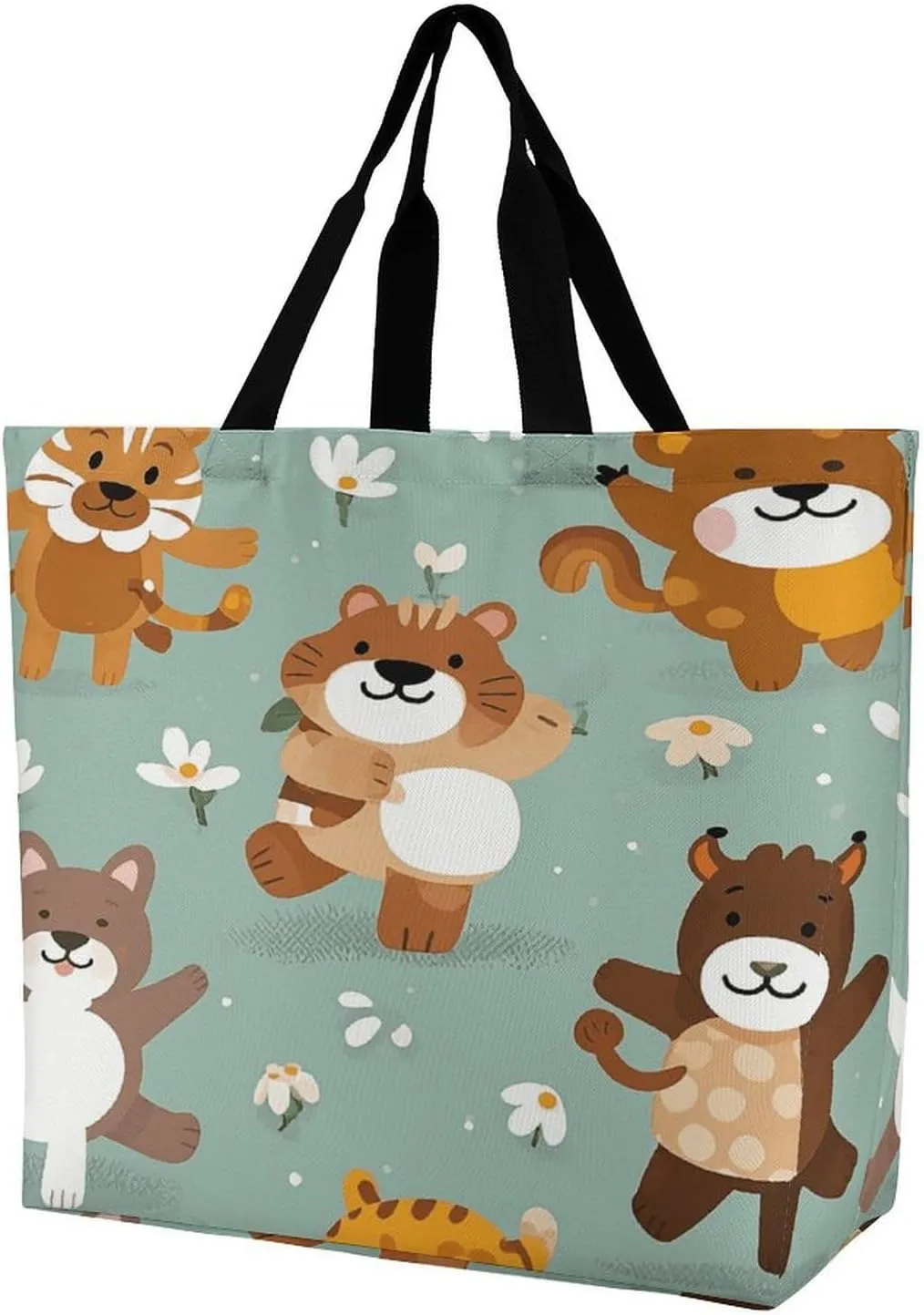 Reusable Grocery Shopping Cloth Bags Cartoon Animal Patterns Print Shoulder Tote Bag Fashionable Tote Handbag for Work Beach Travel Shopping