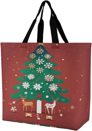 Reusable Grocery Shopping Cloth Bags Christmas Tree And Deer Print Shoulder Tote Bag Fashionable Tote Handbag for Work Beach Travel Shopping