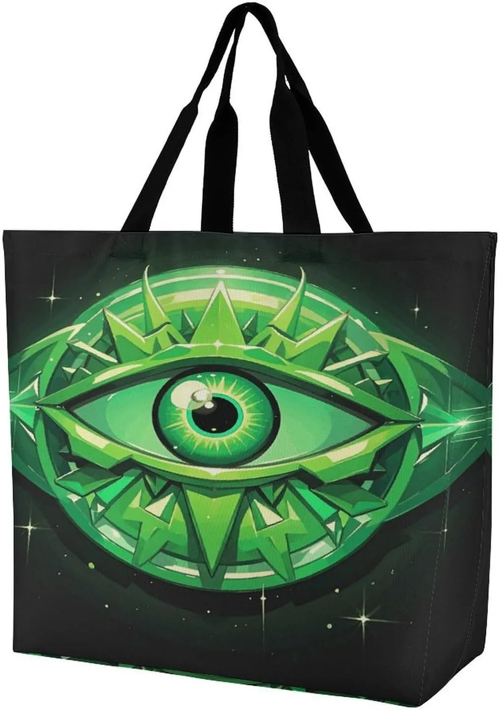Reusable Grocery Shopping Cloth Bags Green Evil Eye Print Shoulder Tote Bag Fashionable Tote Handbag for Work Beach Travel Shopping