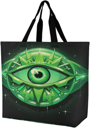 Reusable Grocery Shopping Cloth Bags Green Evil Eye Print Shoulder Tote Bag Fashionable Tote Handbag for Work Beach Travel Shopping