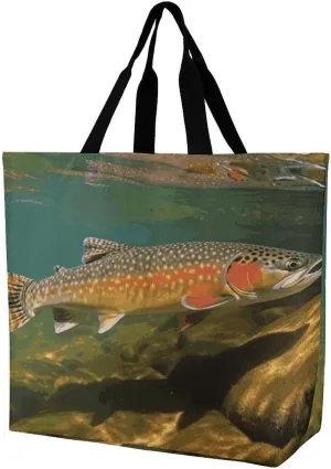 Reusable Large Capacity Shopping Bags Exquisite Brook Trout Fly Fishing Printed Tote Bags Lightweight Shoulder Shopping Bags