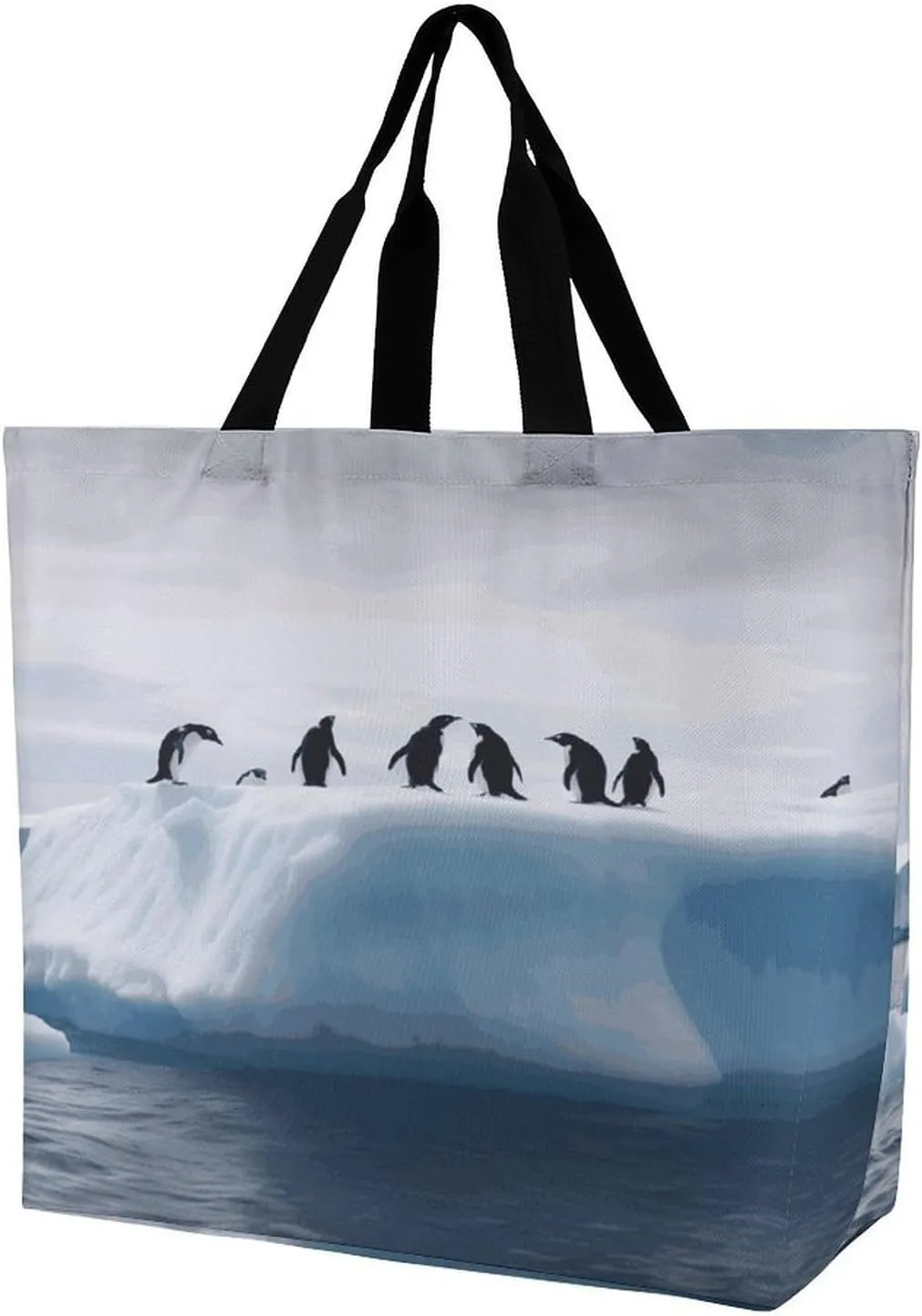 Reusable Large Capacity Shopping Bags Exquisite Penguins on The Iceberg Printed Tote Bags Lightweight Shoulder Shopping Bags