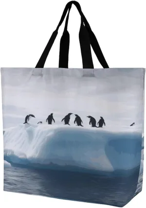 Reusable Large Capacity Shopping Bags Exquisite Penguins on The Iceberg Printed Tote Bags Lightweight Shoulder Shopping Bags