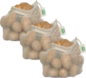 Reusable Mesh Produce Bags made from 100% Organic Cotton - 12"x10", Perfect Reusable Net Vegetable Bags - Washable Fruit, Vegetable & Produce Sacks (3 Medium)
