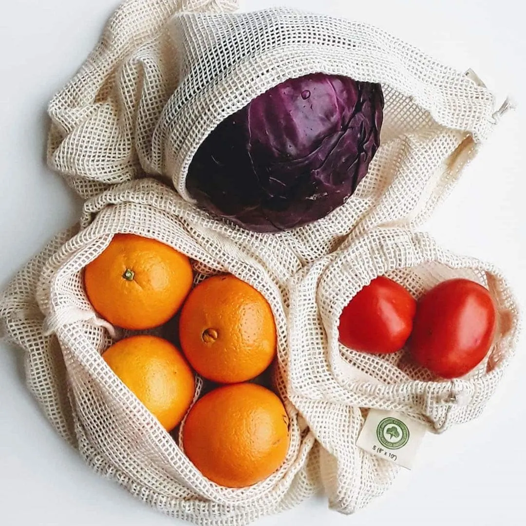 Reusable Mesh Produce Bags made from 100% Organic Cotton - 12"x10", Perfect Reusable Net Vegetable Bags - Washable Fruit, Vegetable & Produce Sacks (3 Medium)