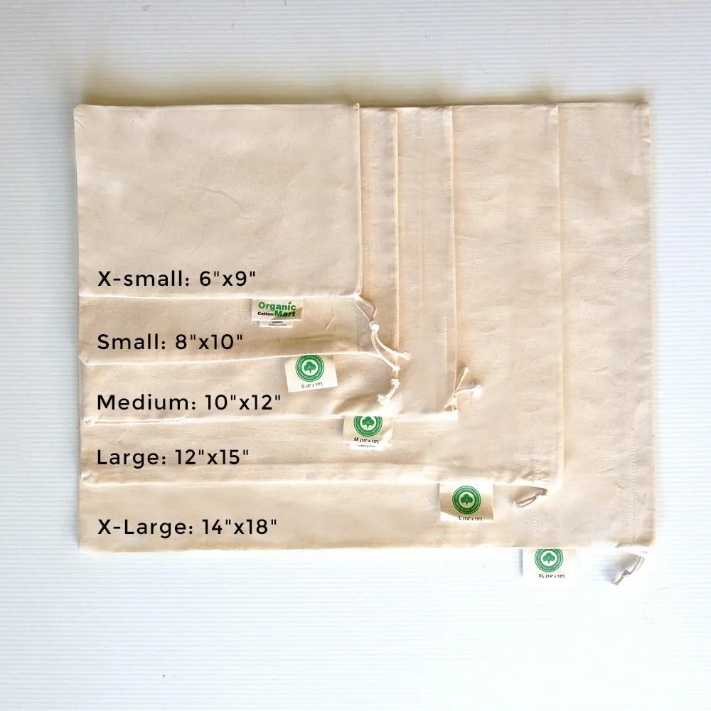 Reusable Produce Bags Cotton Washable - Organic Cotton Vegetable Bags - Cloth Bag with Drawstring - Muslin Fabric Produce Bags - Bread Bag - Set of 6 (2 Large, 2 Medium, 2 Small)